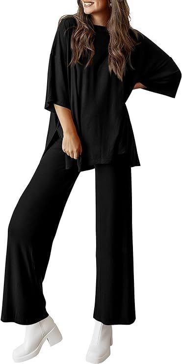 Women's Short Sleeve Pullover Top and Wide Leg Pants Set