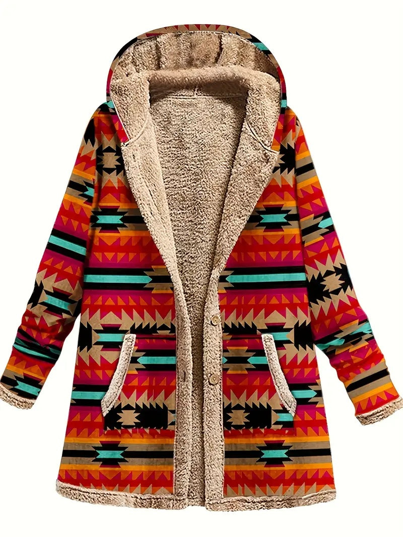 Women’s Cotton Linen Plush Printed Hooded Coat