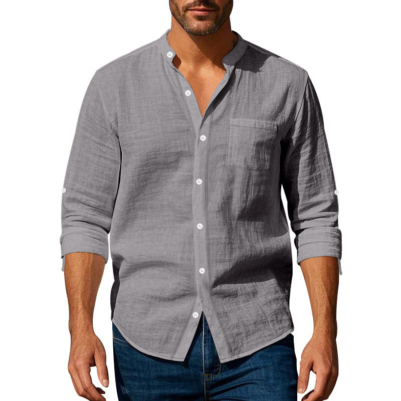 Men's Stand Collar Shirt | Long Sleeve Linen Blend Shirt with Pockets