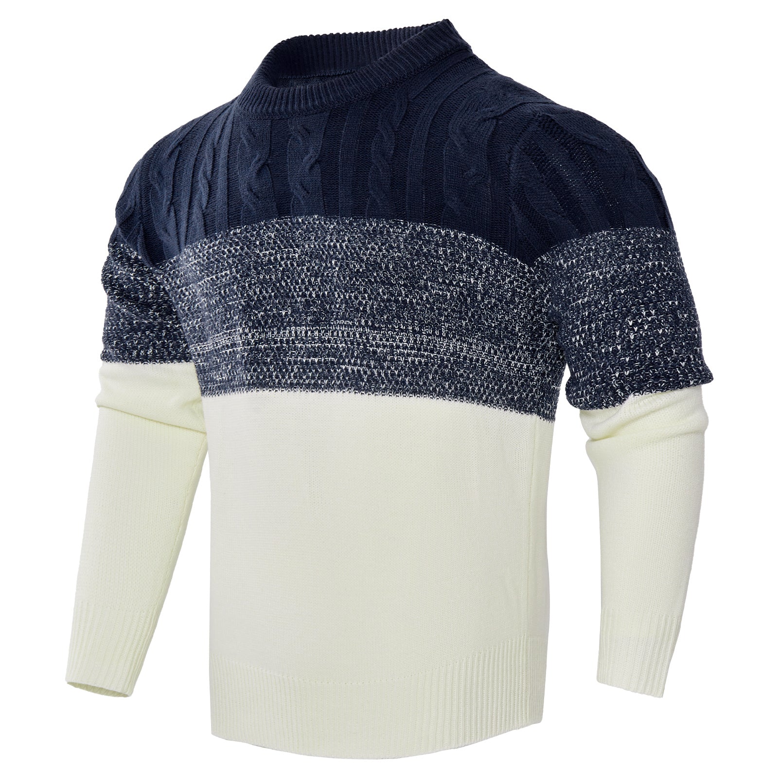 Men's Color Block Cable Knit Sweater | Casual Long Sleeve Pullover