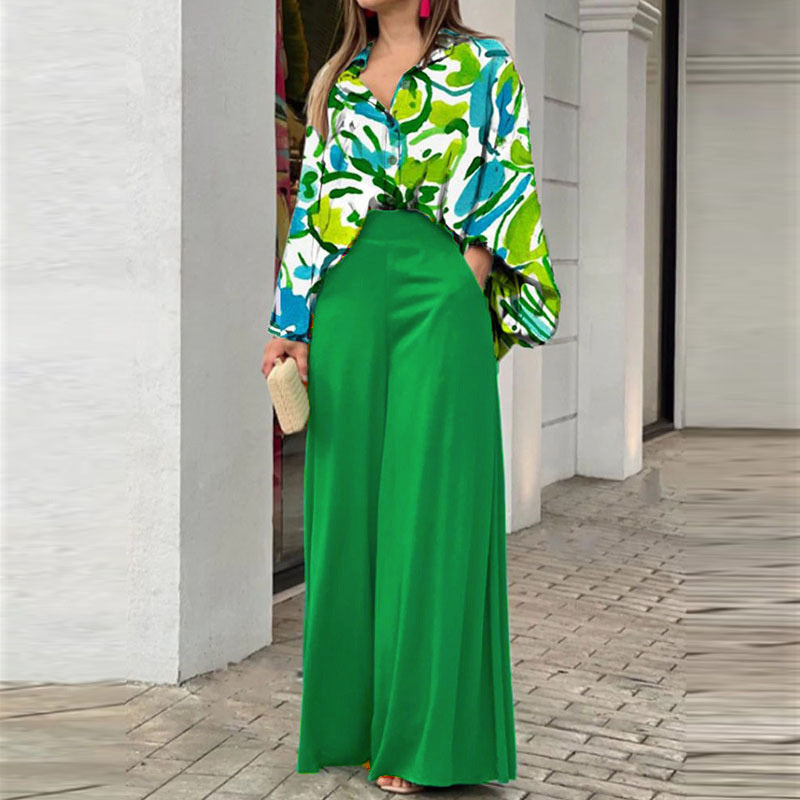 Women's Printed Shirt & Wide Leg Pants Set | Fashion Casual Outfit