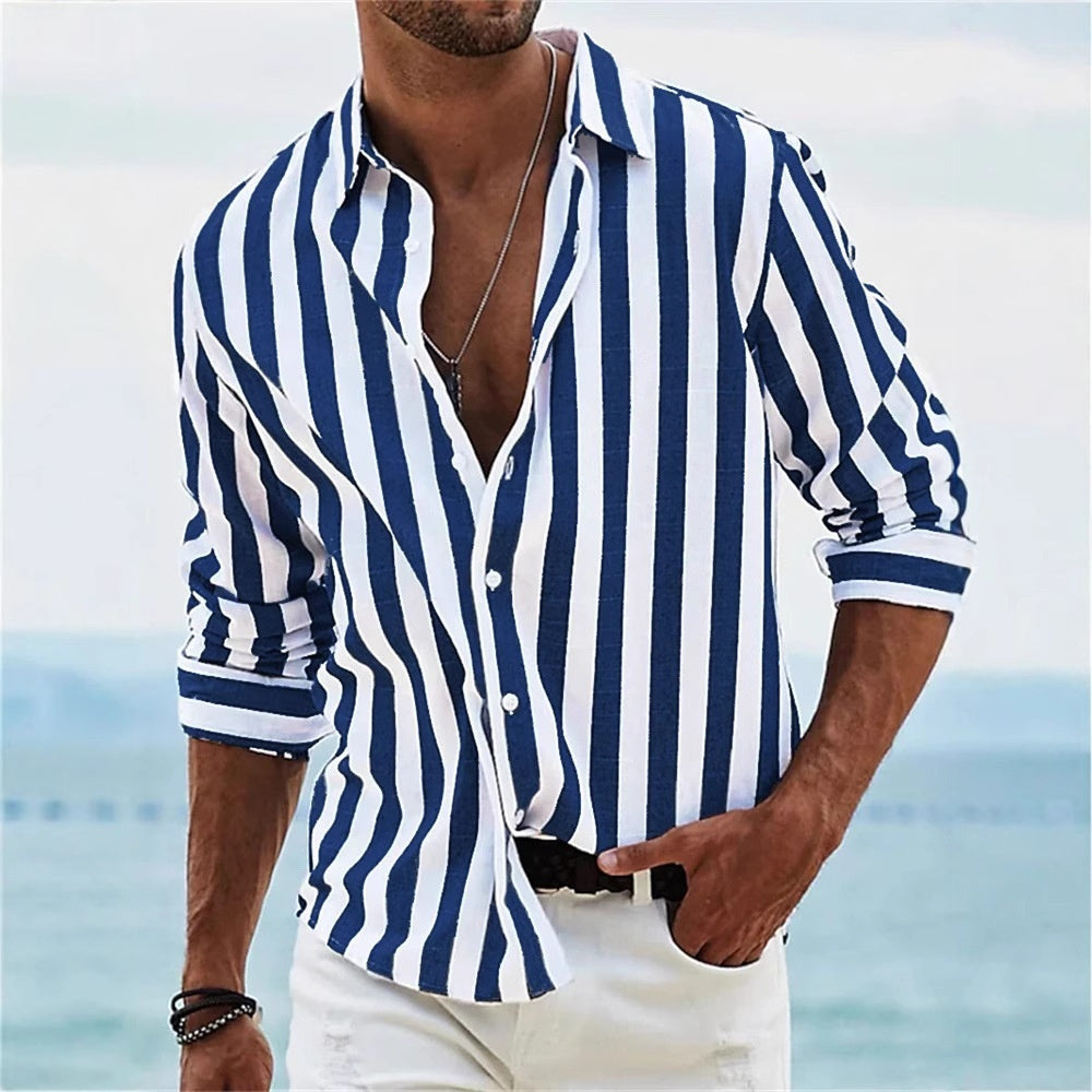 Men's Loose Fit Long Sleeve Shirt | Yarn-Dyed Striped Cardigan for Men
