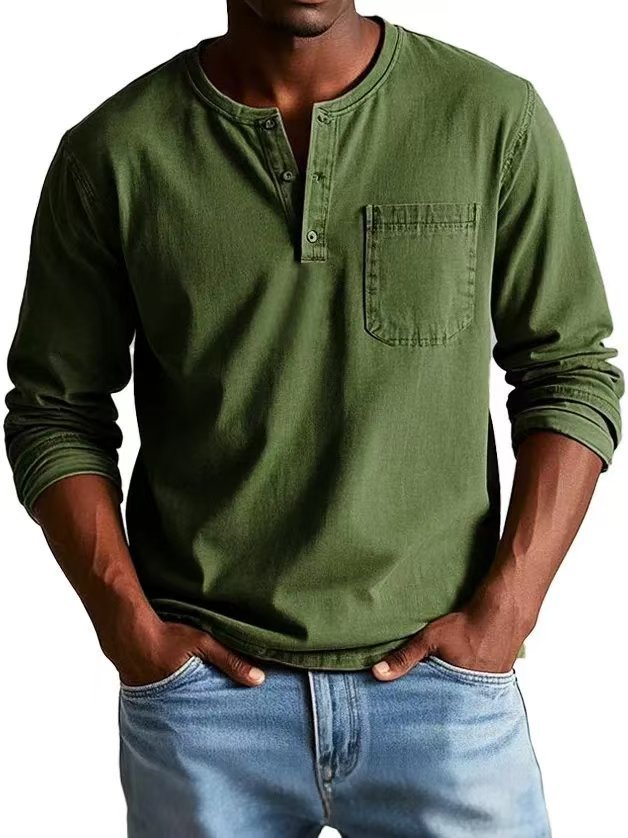 Men's V-Neck Long Sleeve Top | Button Detail Pullover for Casual Wear