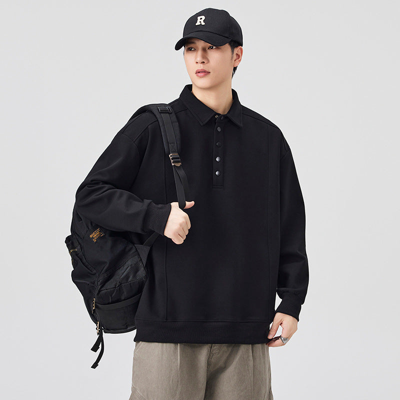 Men's Long Sleeve Polo Shirt - Cotton Blend, Loose Fit