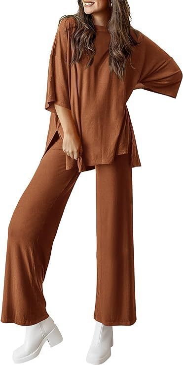Women's Short Sleeve Pullover Top and Wide Leg Pants Set