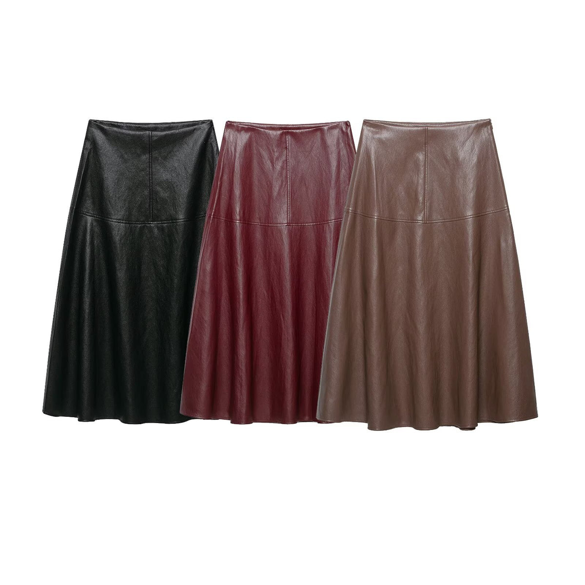 Women's Faux Leather Midi Skirt - Flared Panel Design