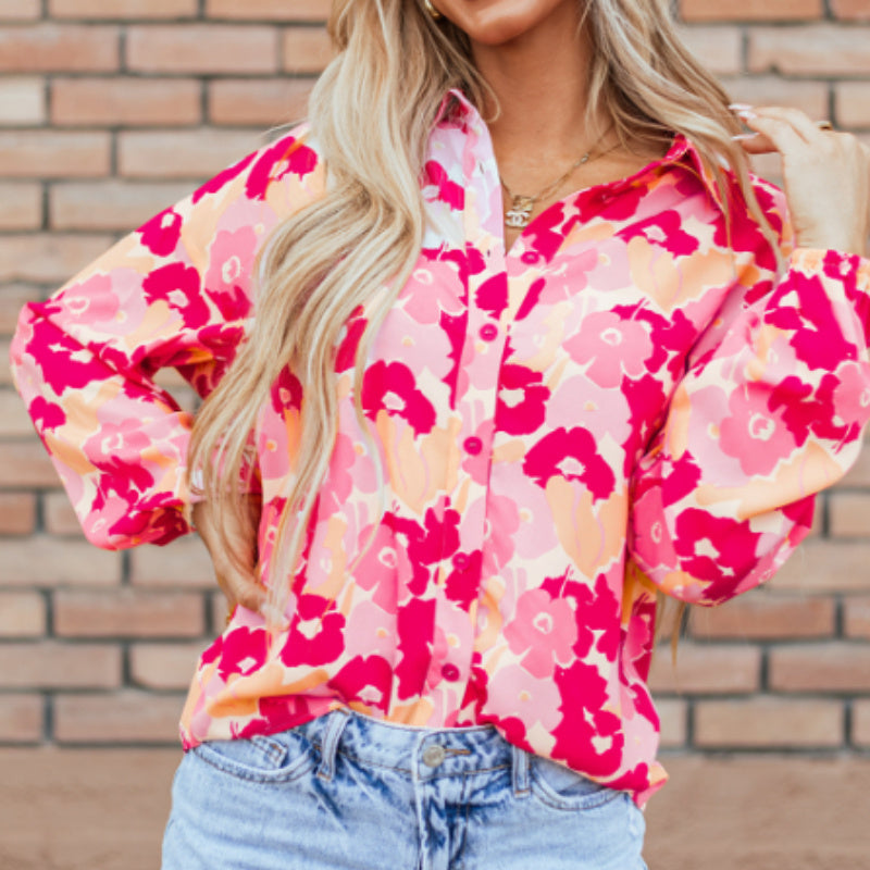 Blooming Floral Puff Sleeve Buttoned Shirt