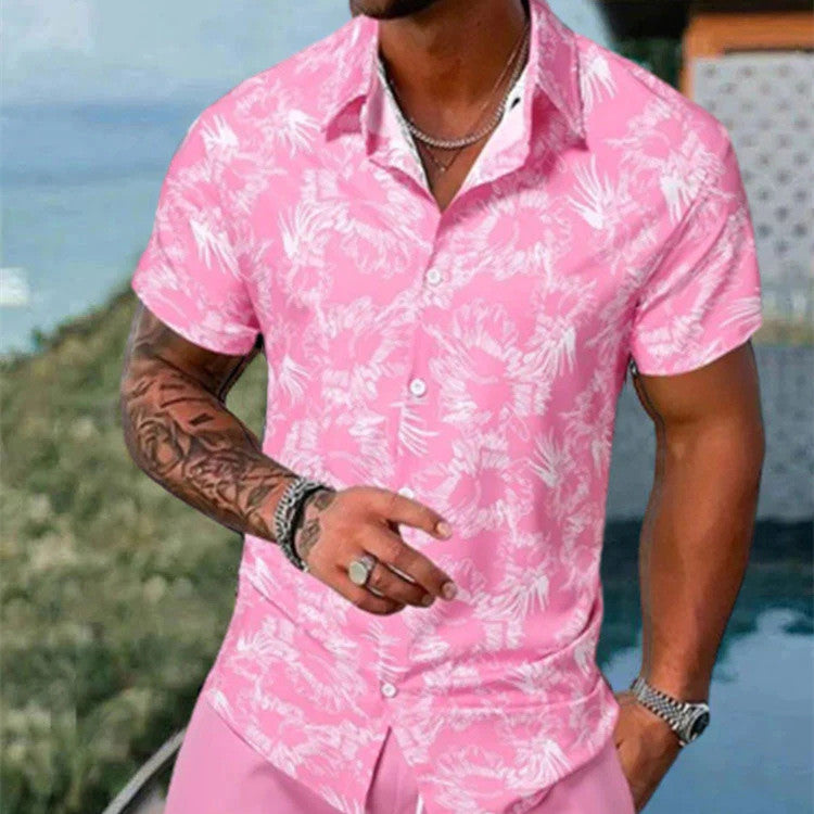 Men's 3D Print Short Set | Lapel Collar Short Sleeve & Shorts Outfit