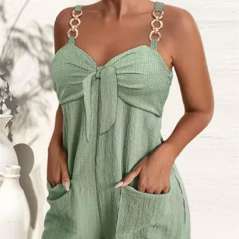 Women's Sleeveless Jumpsuit | High-Waist Shorts with Metal Strap Detail