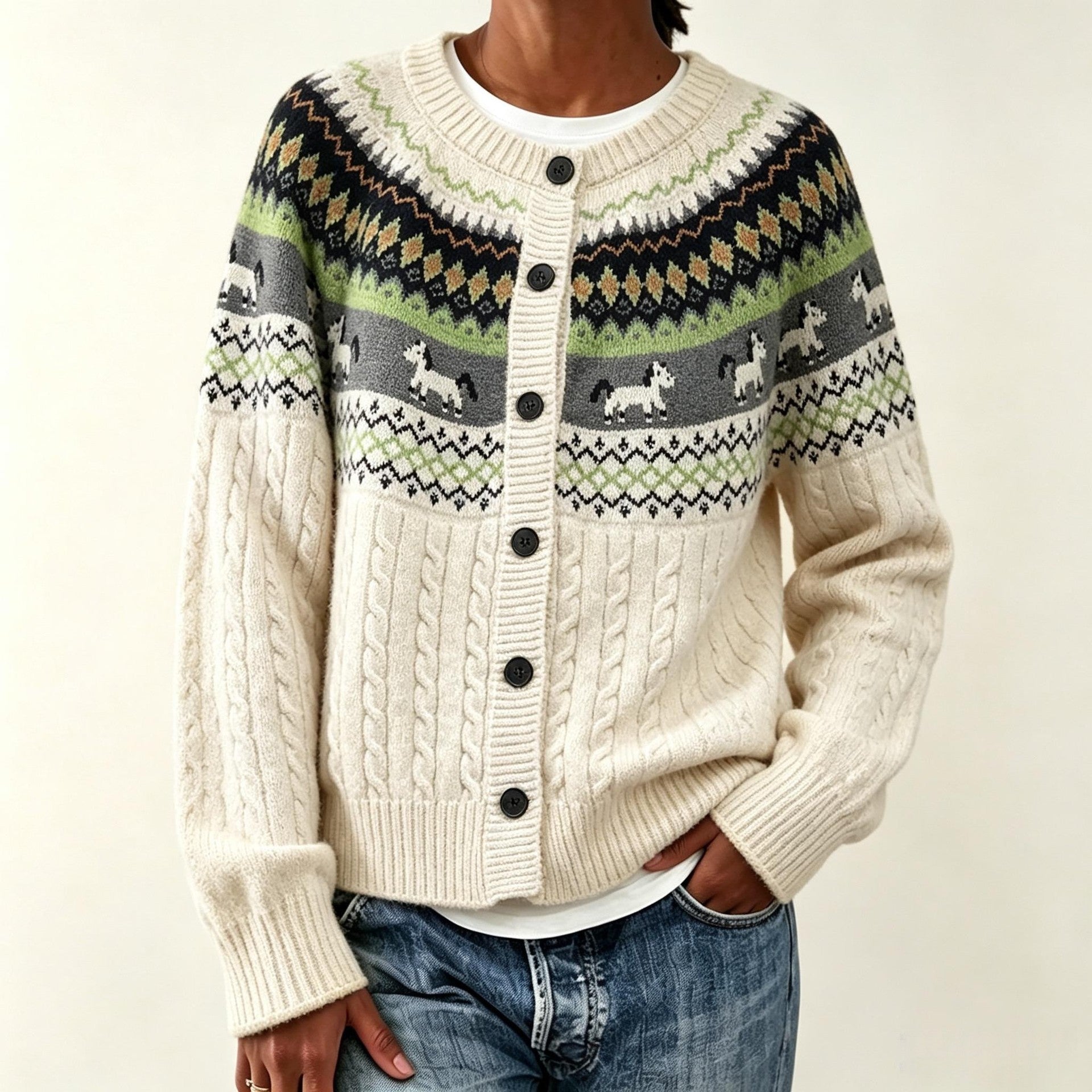 Women's Animal Print Round Neck Sweater - Loose Fit Long Sleeve