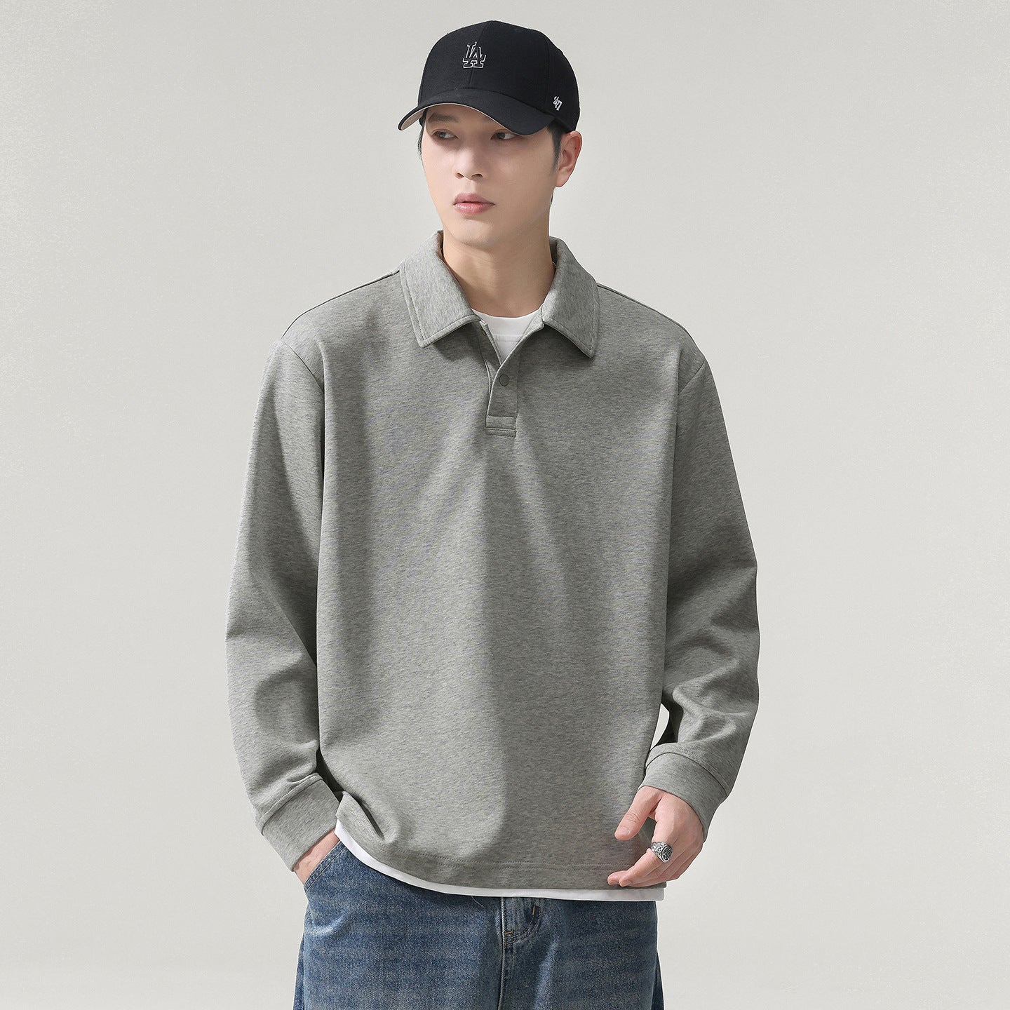 Men's Layered-Look Long-Sleeve Polo Top - Cotton Blend