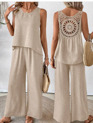 Women's Backless Lace Suit | Sleeveless Solid Color Set