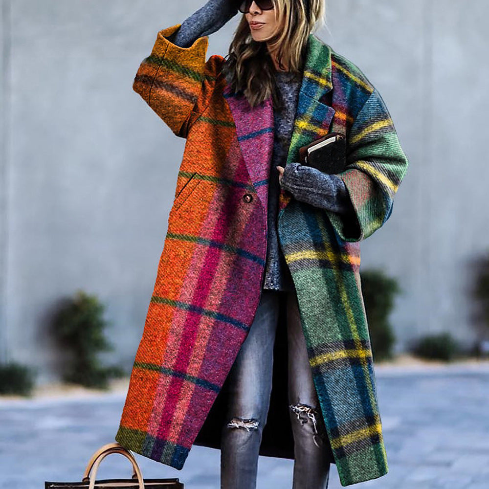 Women's Color Block Plaid Coat | Long Sleeve Fashion Jacket