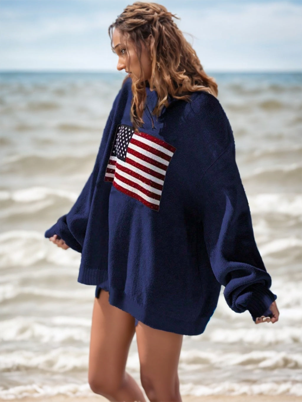 USA Flag Drop Shoulder Women's Sweater | Patriotic Long Sleeve Women's Top