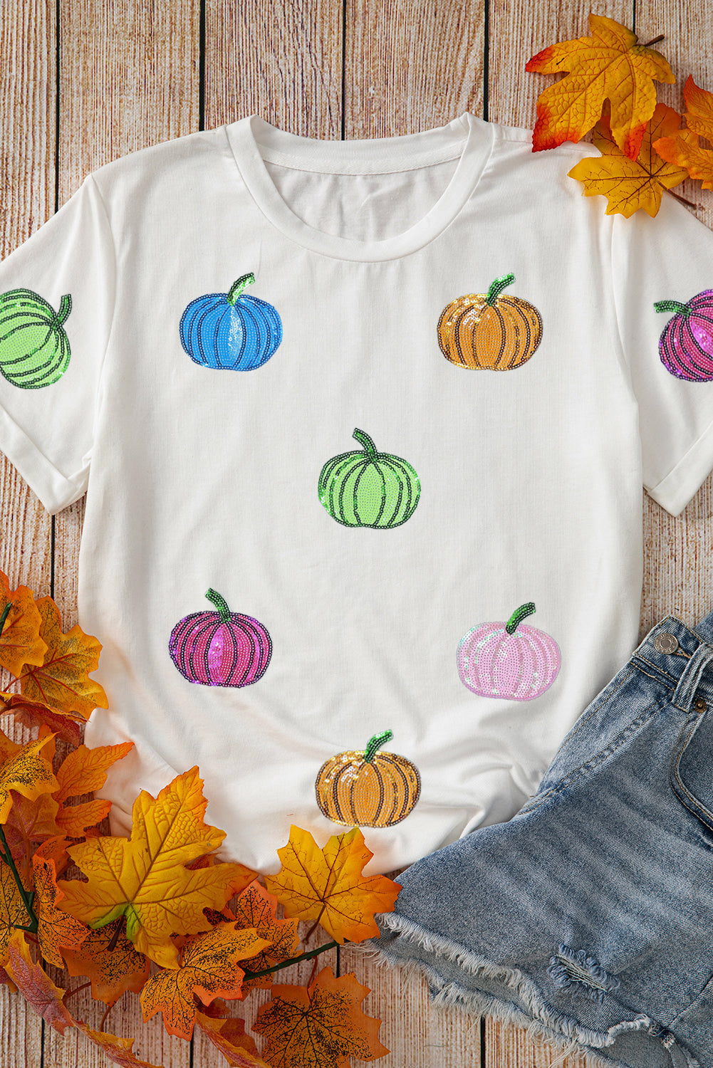 Women's White Sequin Pumpkin Tee | Cotton Blend T-Shirt