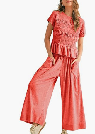 Women's 2-Piece Set | Pleated Top & Wide Leg Pants