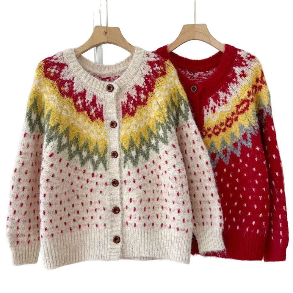 Women's Loose Fit Round Neck Sweater - Red or Apricot