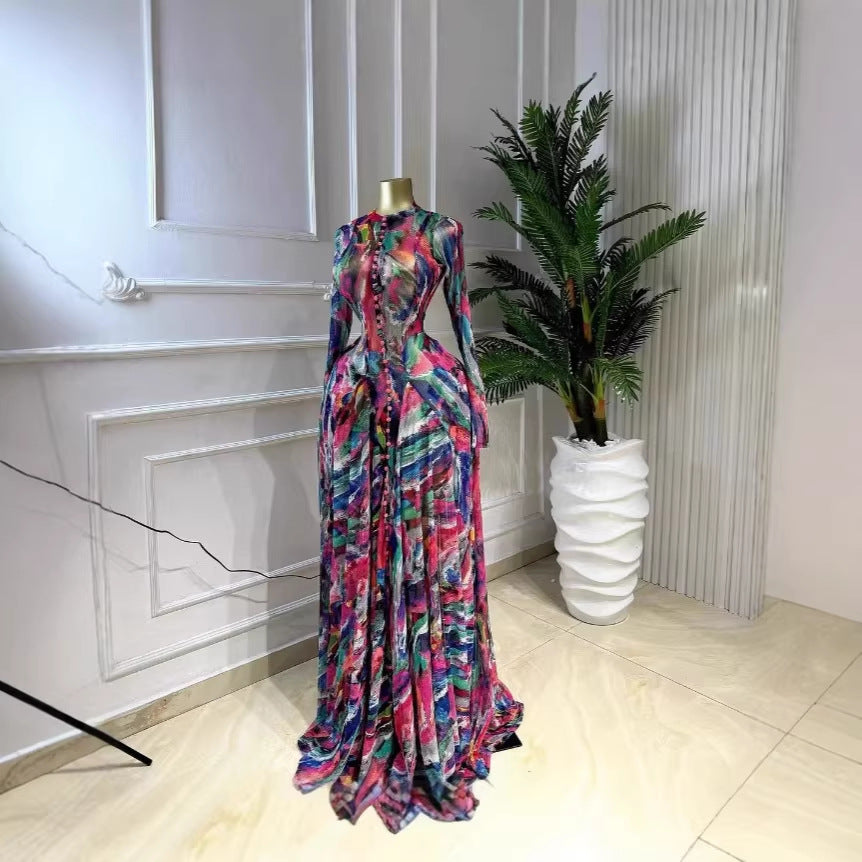 Women's Tie-Dye Print Mesh Maxi Dress - Long Sleeve Round Neck