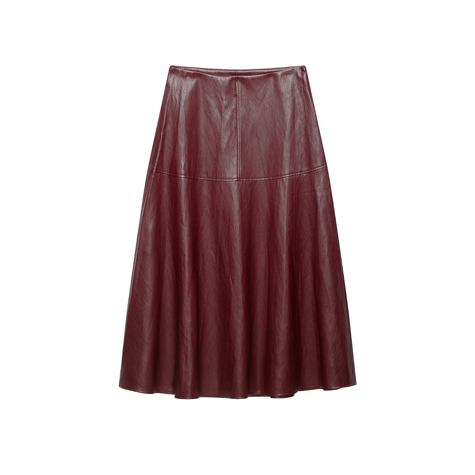 Women's Faux Leather Midi Skirt - Flared Panel Design