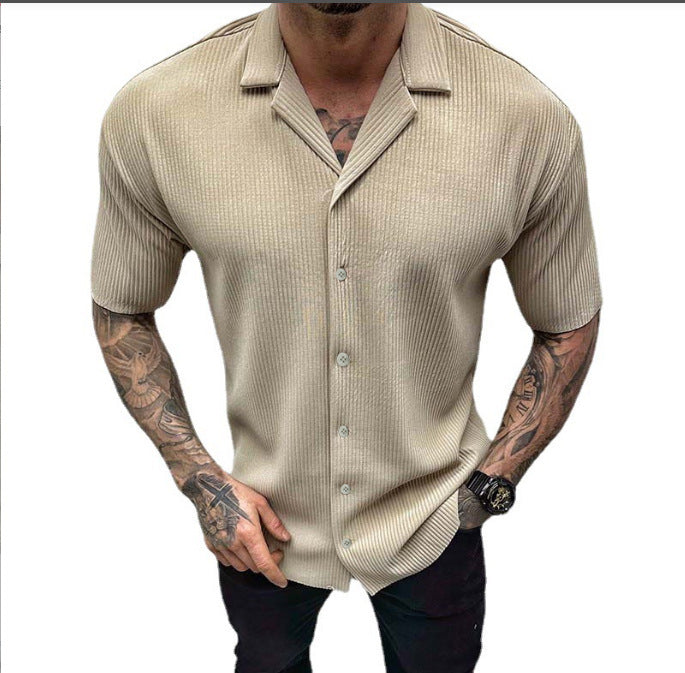 Men's Short Sleeve Cardigan | Solid Color Cotton Blend Shirt