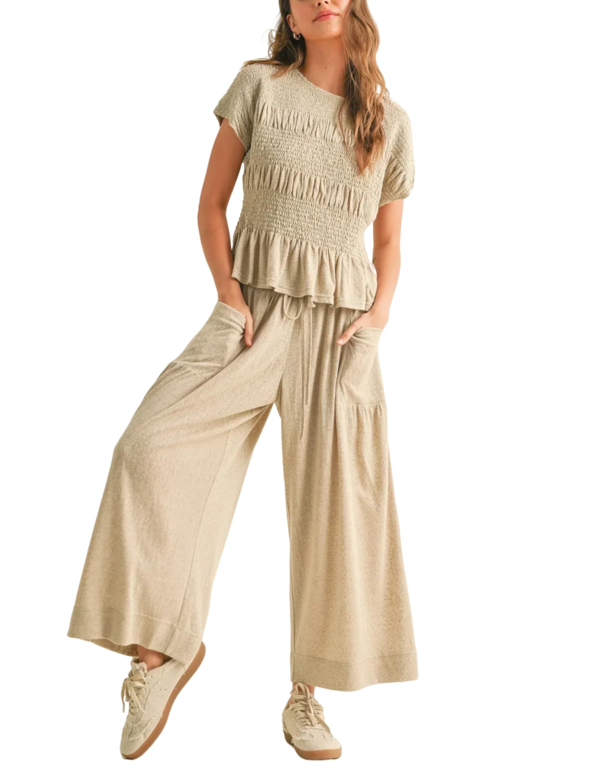 Women's 2-Piece Set | Pleated Top & Wide Leg Pants