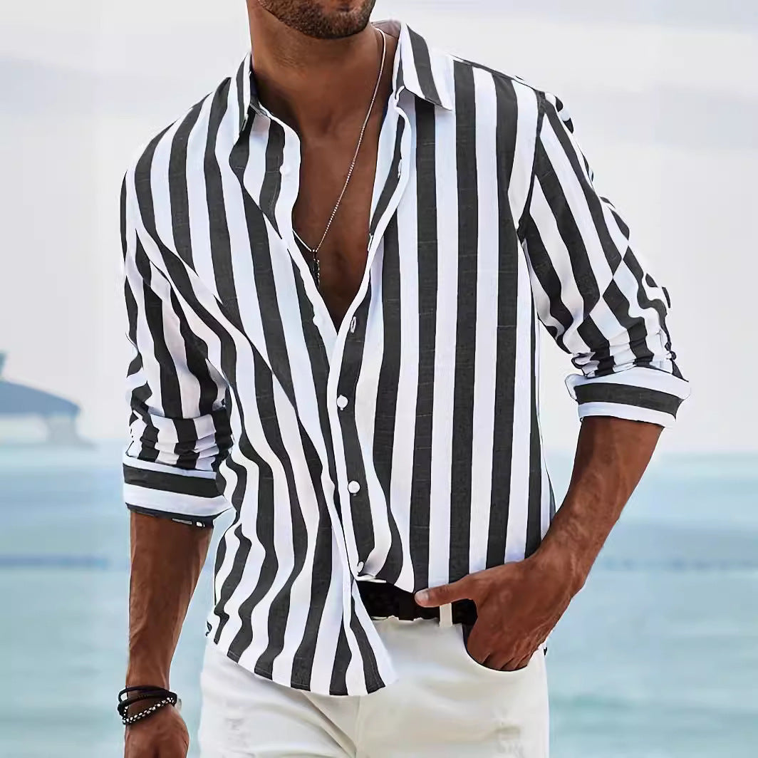 Men's Loose Fit Long Sleeve Shirt | Yarn-Dyed Striped Cardigan for Men