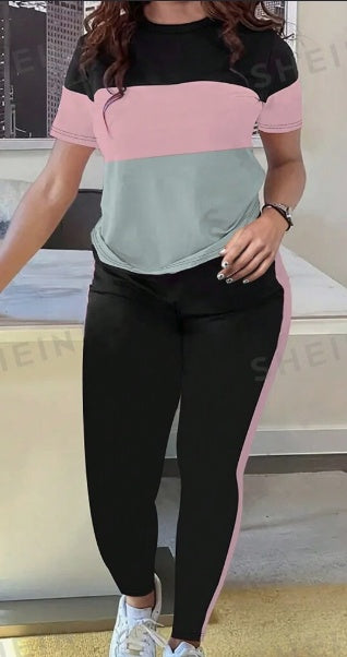 Women's Colorblock Set | Short Sleeve T-Shirt & Pants Summer Outfit