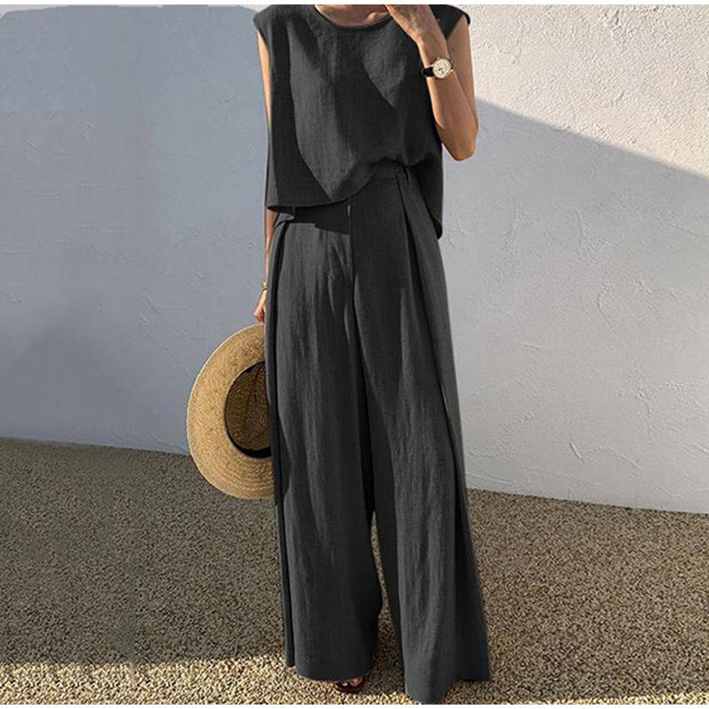 Women's Cotton Linen Sleeveless Set | Wide Leg Pants Outfit