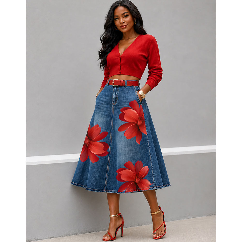 Women's Floral Print A-Line Midi Skirt - High Waist