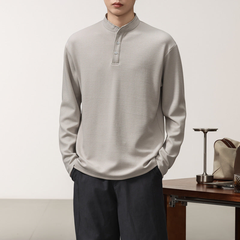 Men's Long Sleeve Henley Shirt - Loose Fit, Light Heather Gray