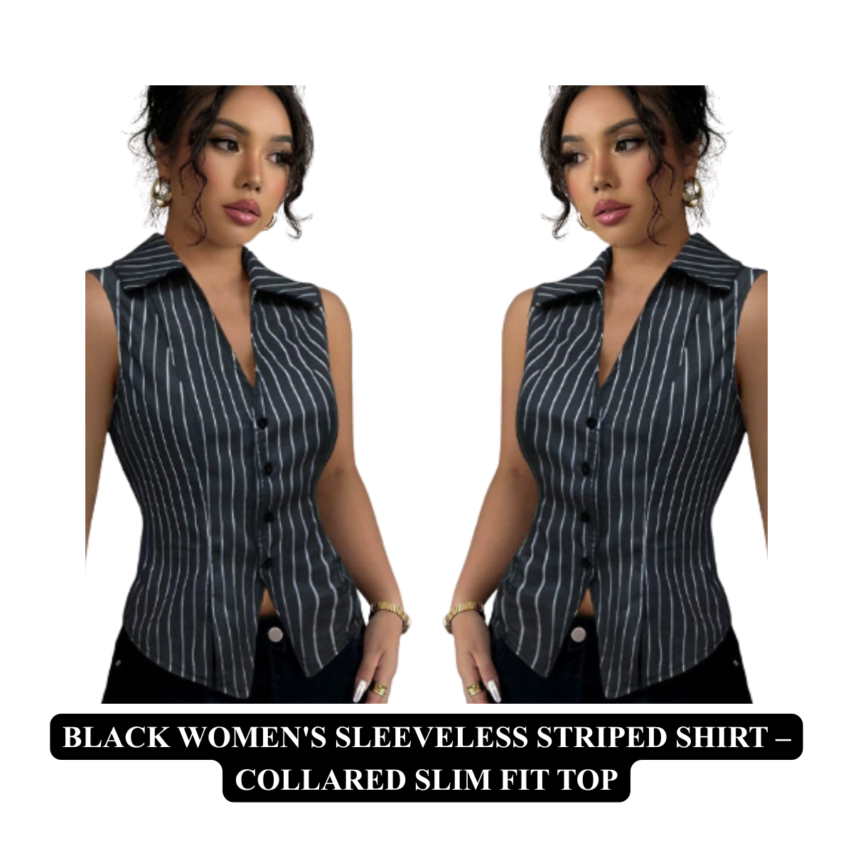 Women's Sleeveless Striped Shirt – Collared Slim Fit Top