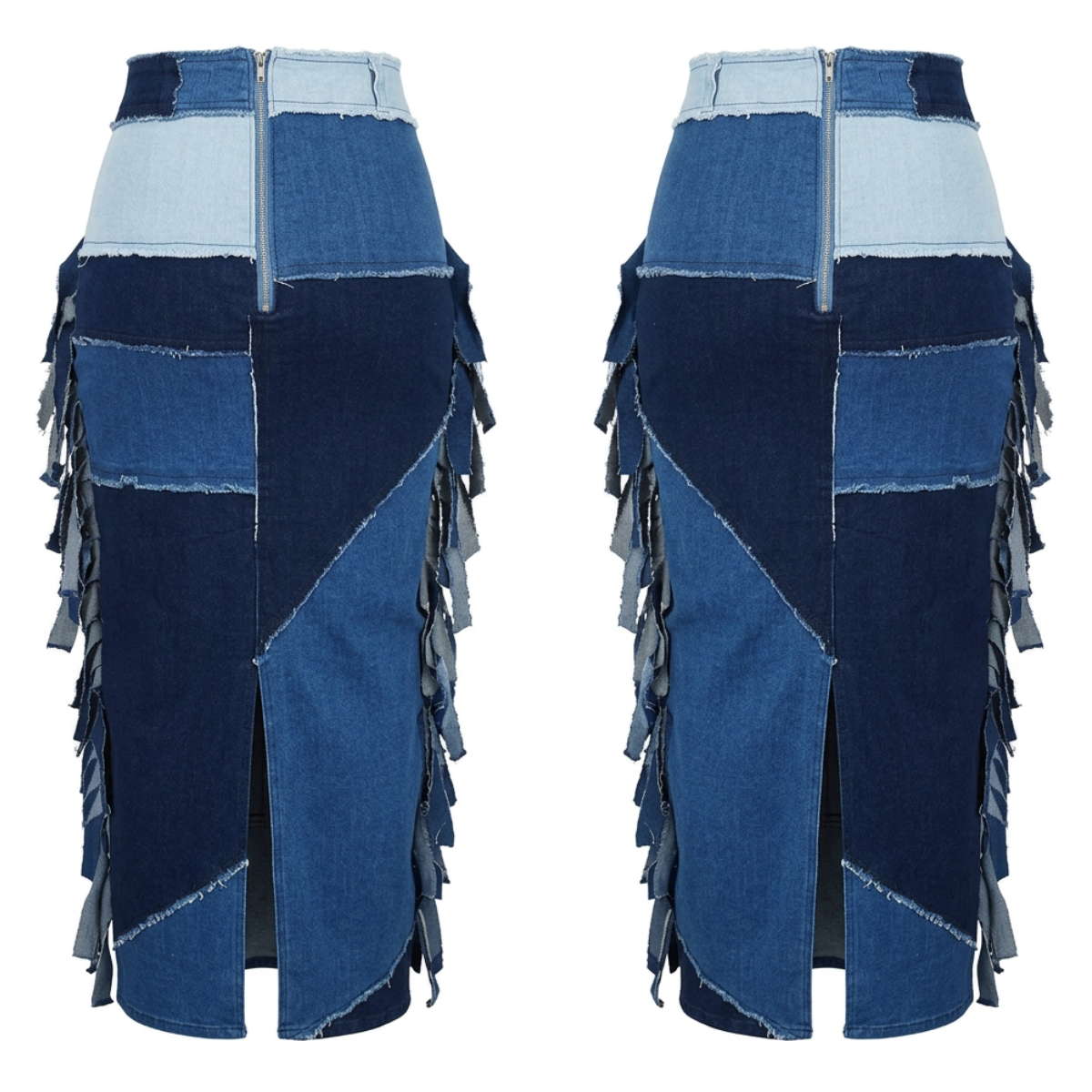Women's Blue Denim-Look Long Skirt - Patchwork & Fringe