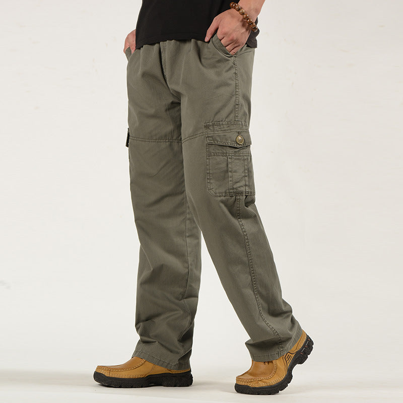 Men's Cotton Cargo Pants - Elastic Waist, Loose Straight Leg