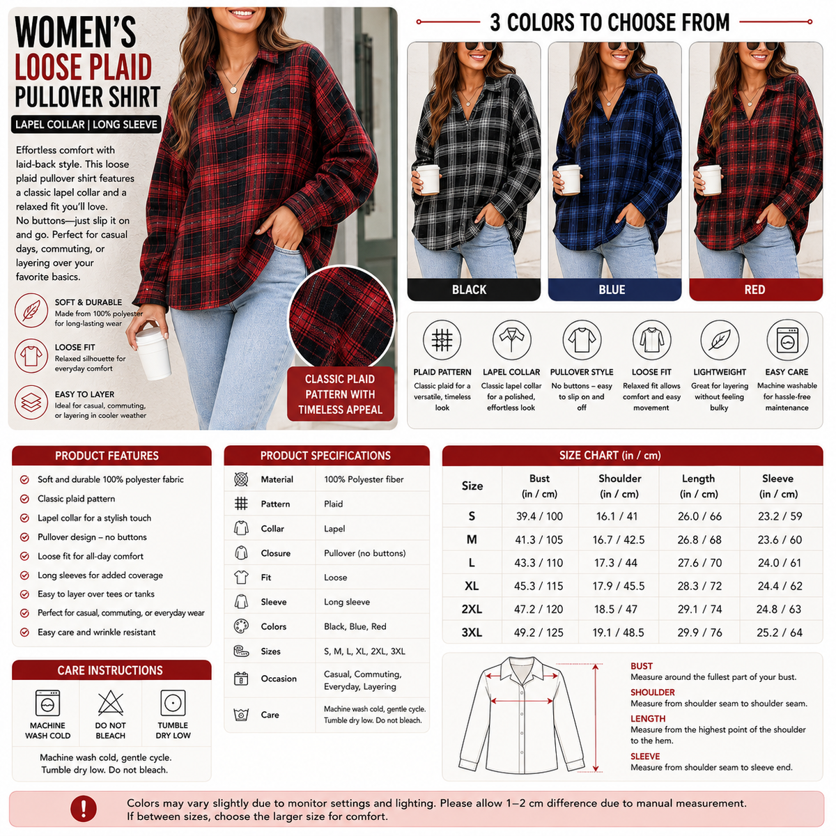 Women's Loose Plaid Pullover Shirt – Lapel Collar Long Sleeve