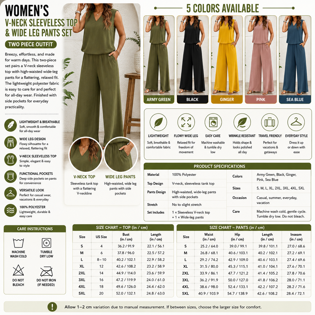 Women's V-Neck Sleeveless Top & Wide Leg Pants Set – Two Piece