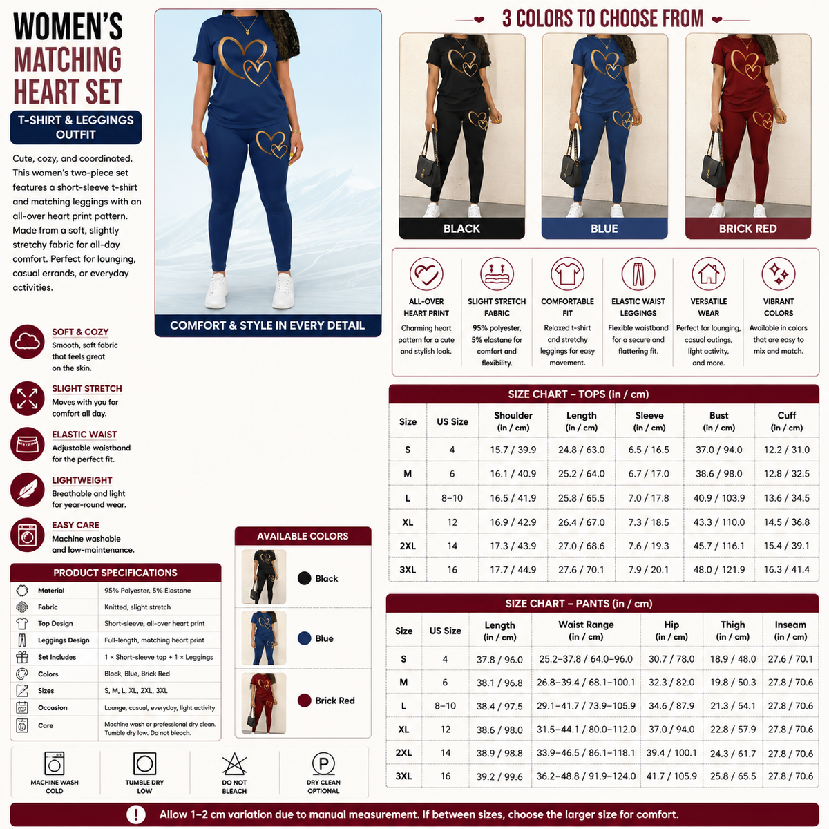 Women's Matching Heart Set – T-Shirt & Leggings Outfit