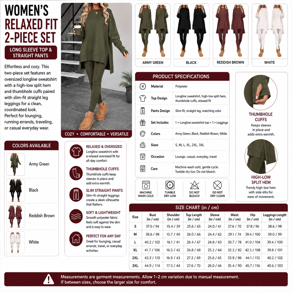 Women's Relaxed Fit Set – Long Sleeve Top & Straight Pants