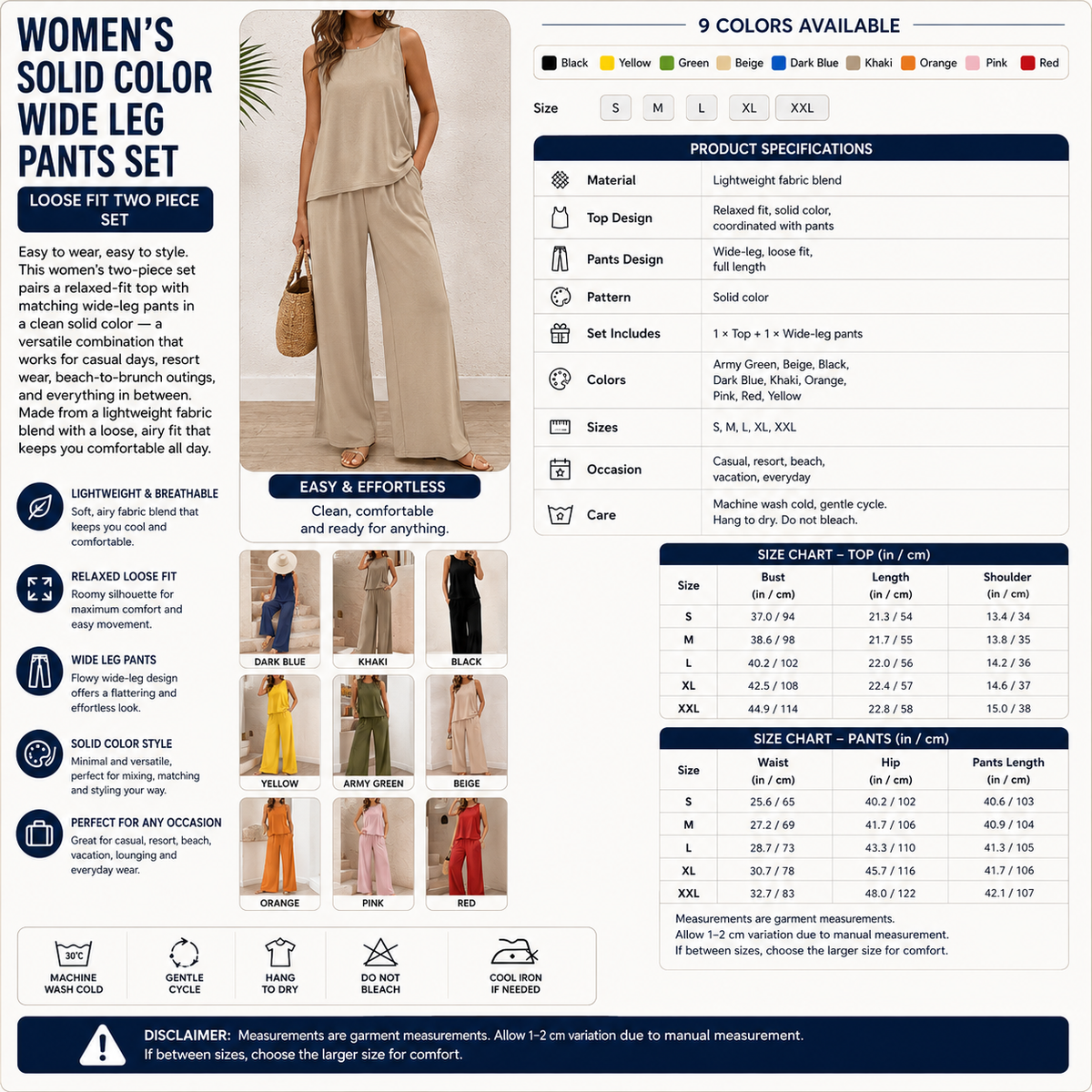 Women's Solid Color Wide Leg Pants Set – Loose Fit Two Piece