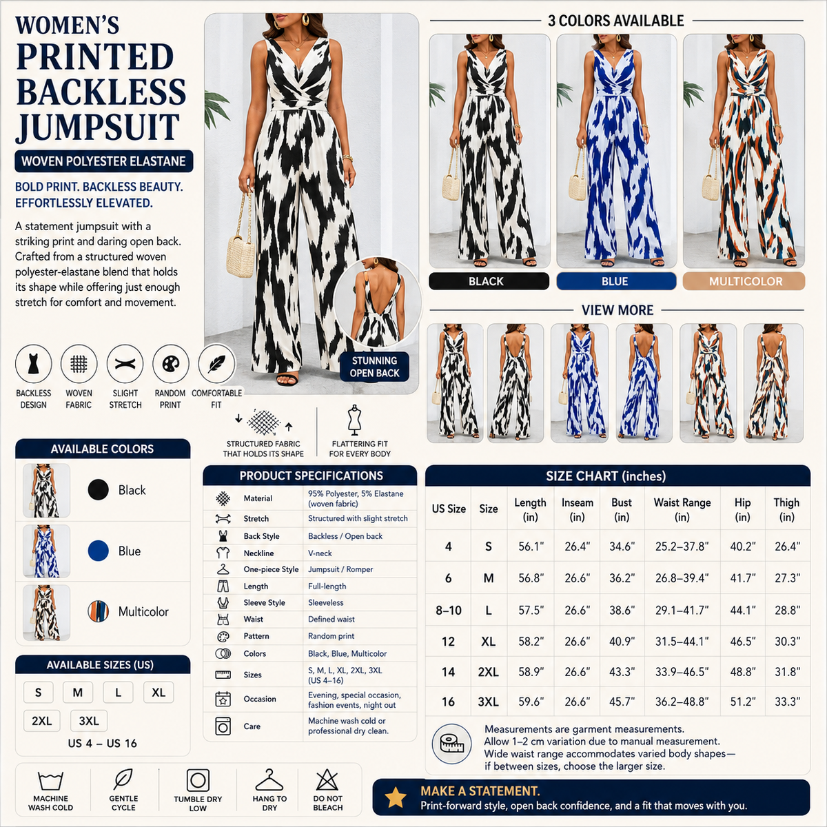 Women's Printed Backless Jumpsuit – Woven Polyester Elastane