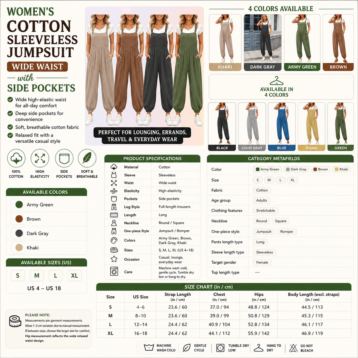 Women's Cotton Sleeveless Jumpsuit – Wide Waist with Side Pockets