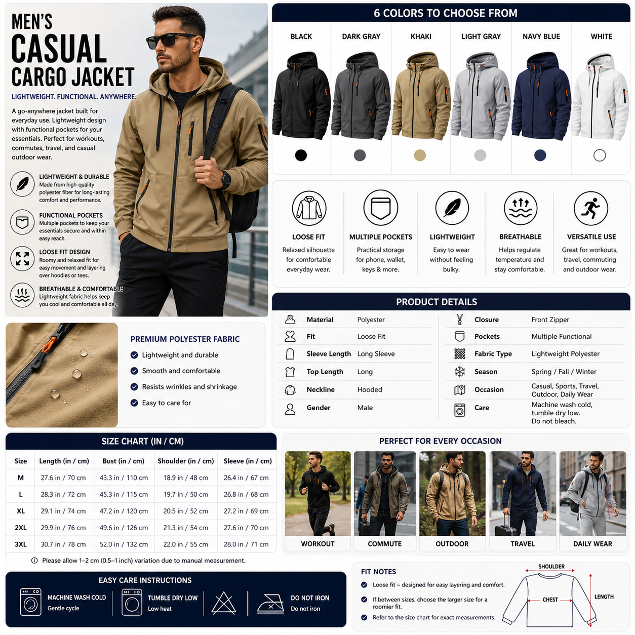 Men's Casual Cargo Jacket – Lightweight Sports Coat Loose Fit