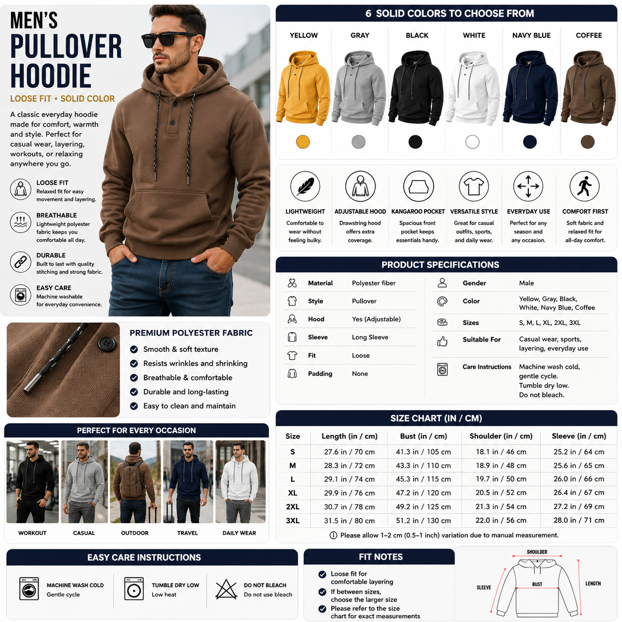Men's Long Sleeve Pullover Hoodie – Loose Fit Solid Color