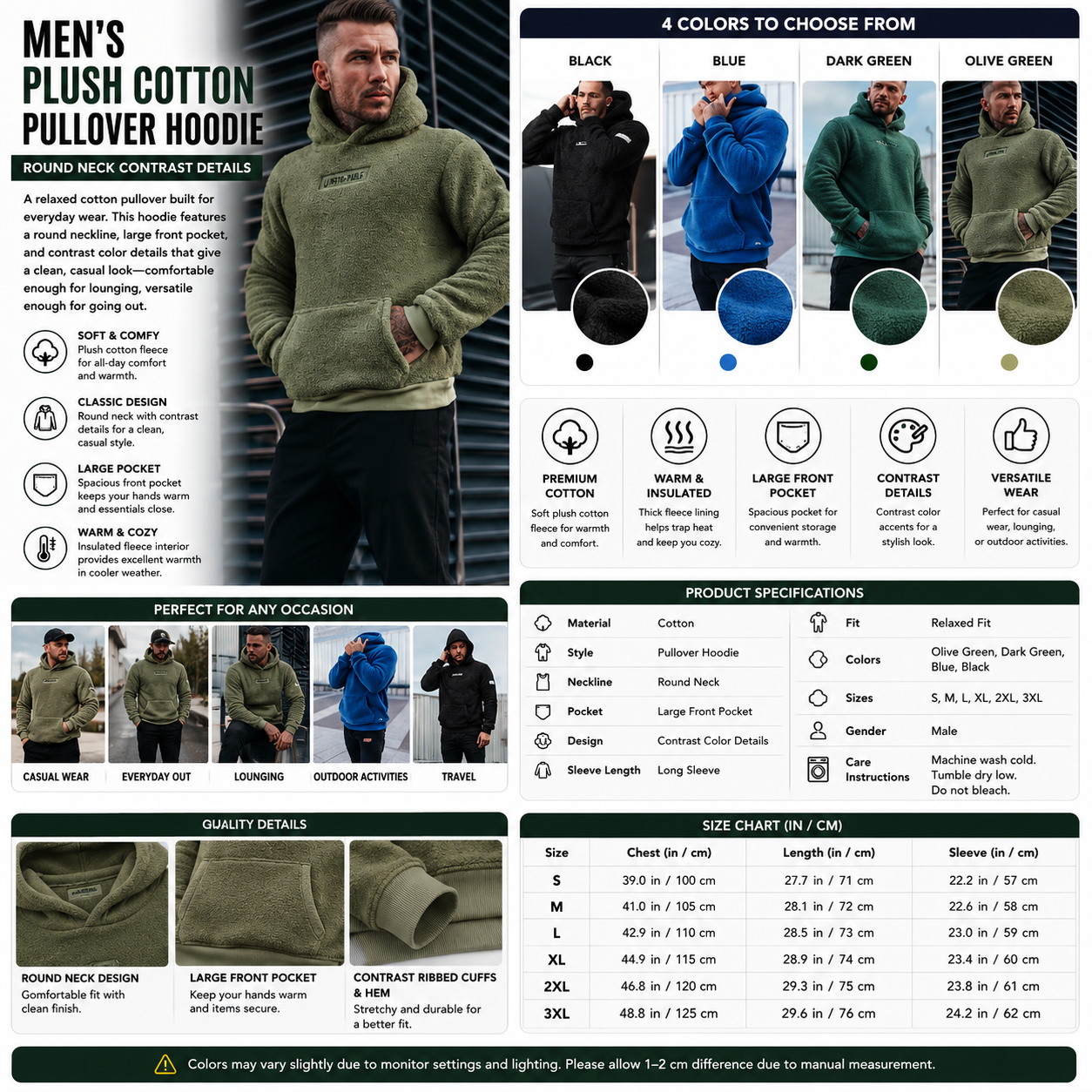 Men's Plush Cotton Pullover Hoodie – Round Neck Contrast Details