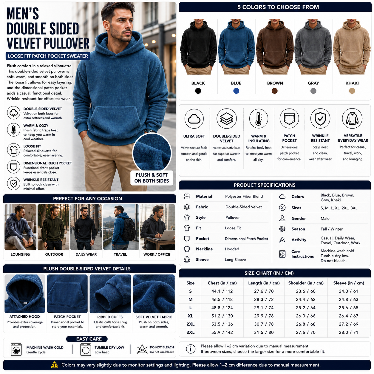 Men's Double Sided Velvet Pullover – Loose Fit Patch Pocket Sweater