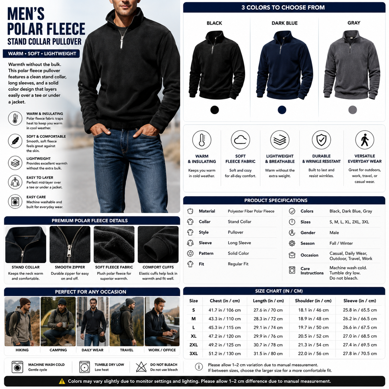 Men's Polar Fleece Stand Collar Pullover – Long Sleeve Solid Color