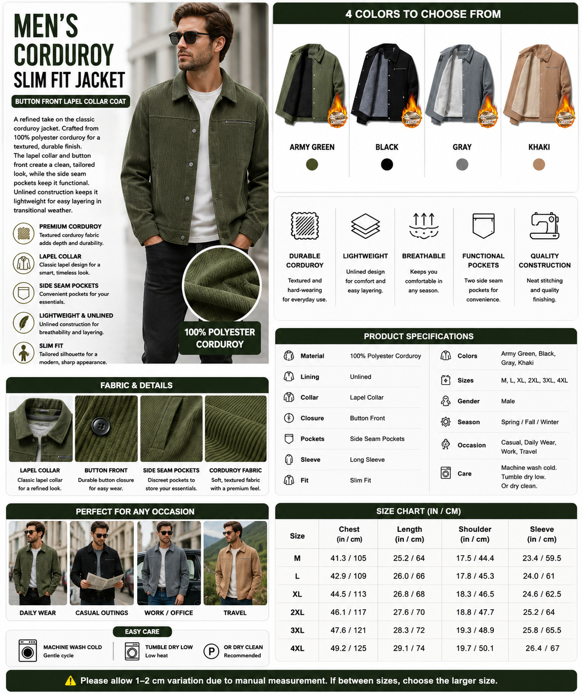 Men's Corduroy Slim Fit Jacket – Button Front Lapel Collar Coat