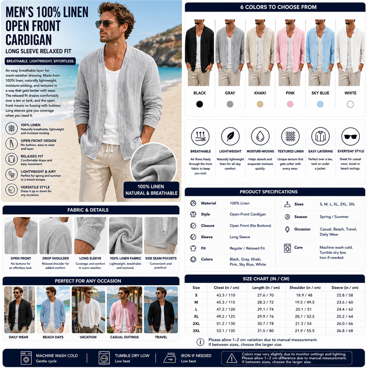 Men's 100% Linen Open Front Cardigan – Long Sleeve Relaxed Fit