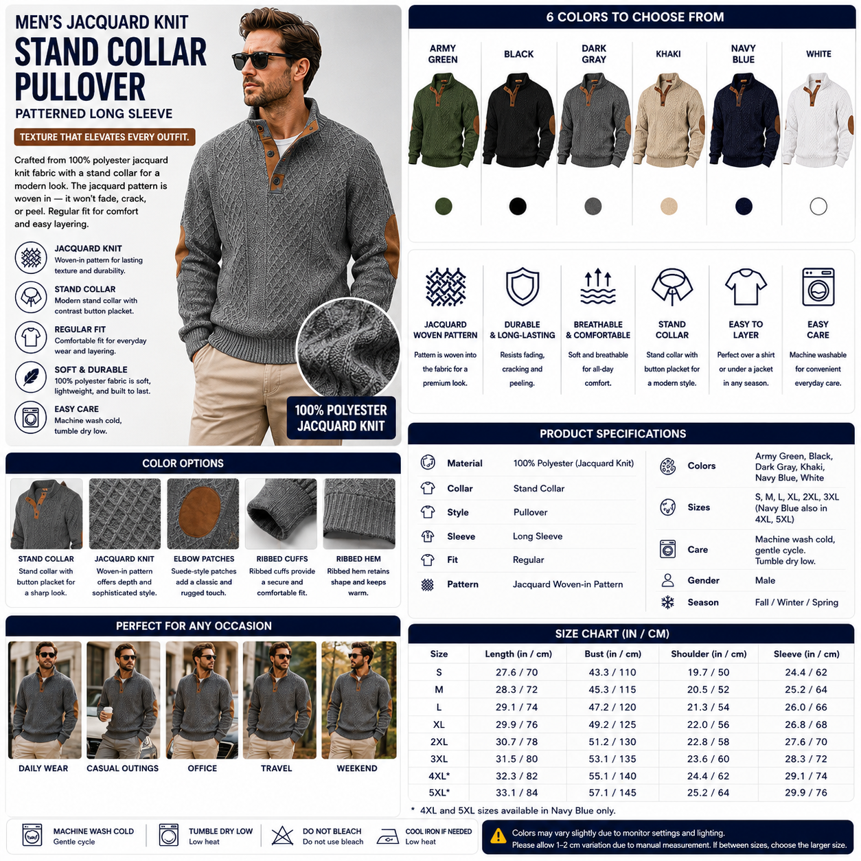 Men's Jacquard Knit Stand Collar Pullover – Patterned Long Sleeve