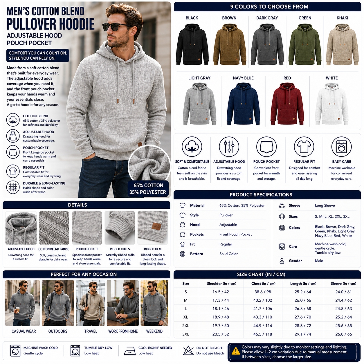 Men's Cotton Blend Pullover Hoodie – Adjustable Hood Pouch Pocket