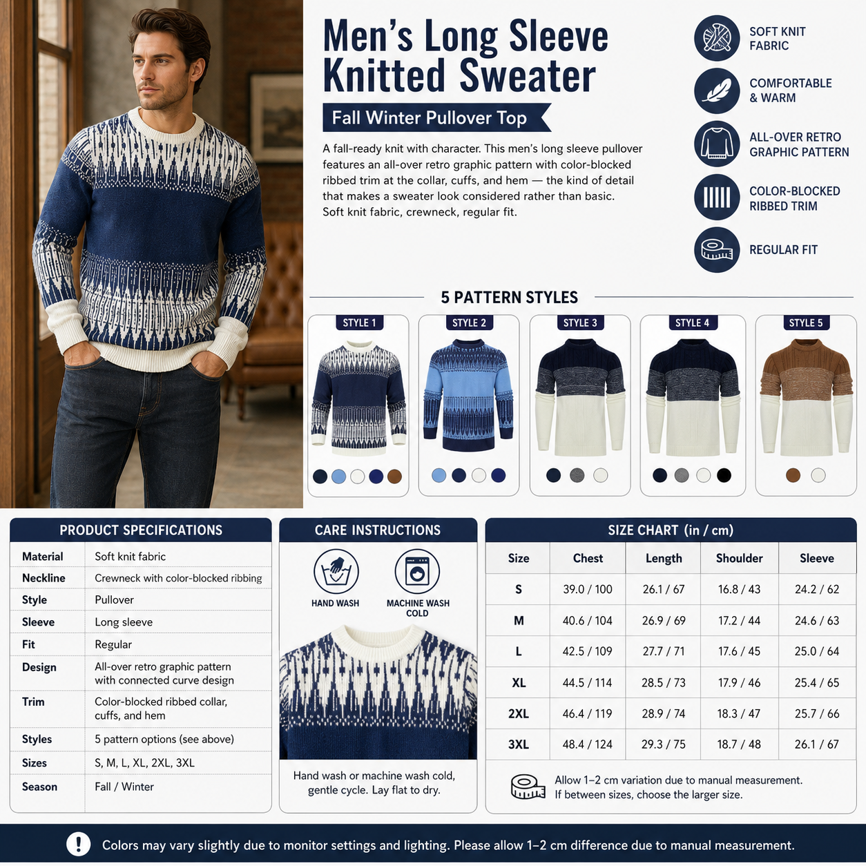 Men's Long Sleeve Knitted Sweater – Fall Winter Pullover Top